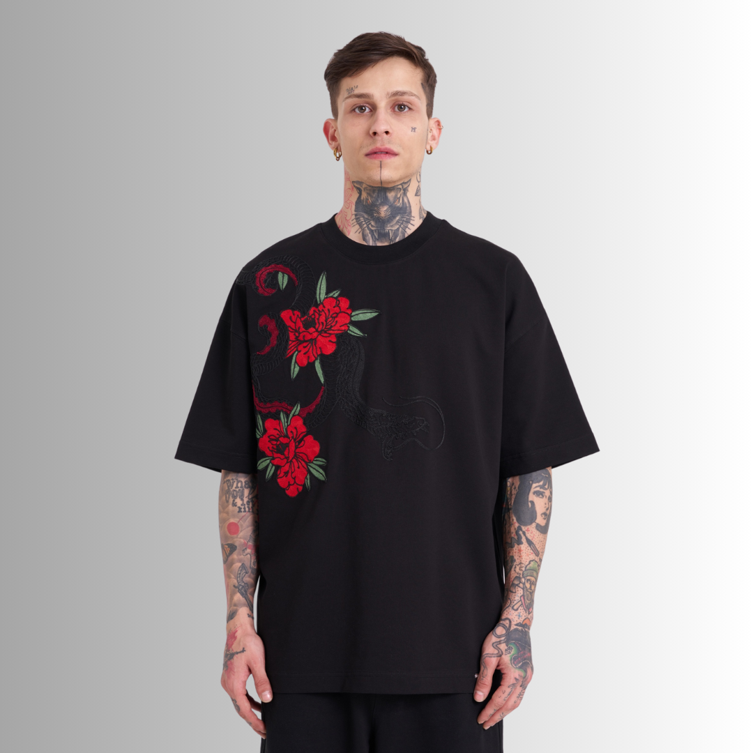 SNAKING ROSES EMBROIDERED BLACK TEE