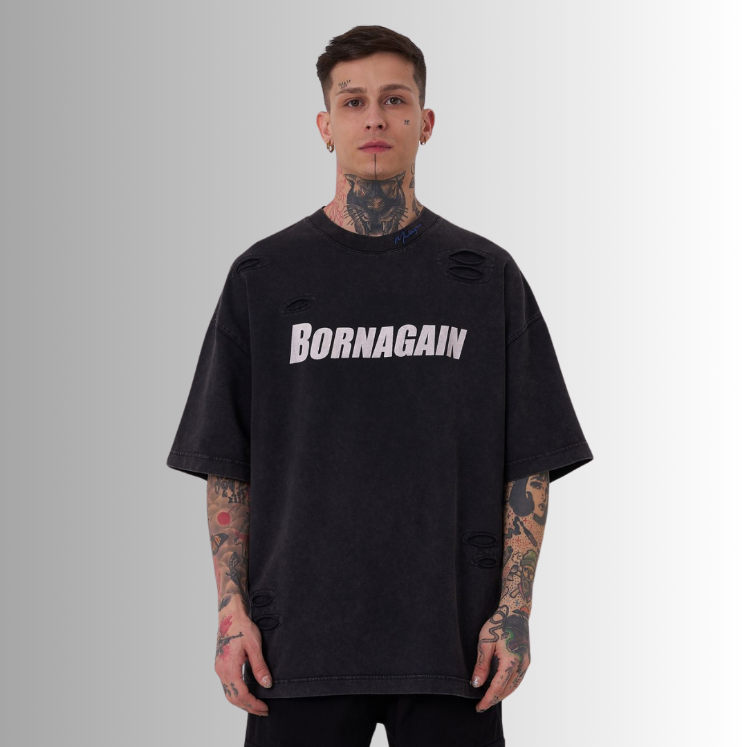 BORN AGAIN WASHED and  PRINTED BLACK TEE