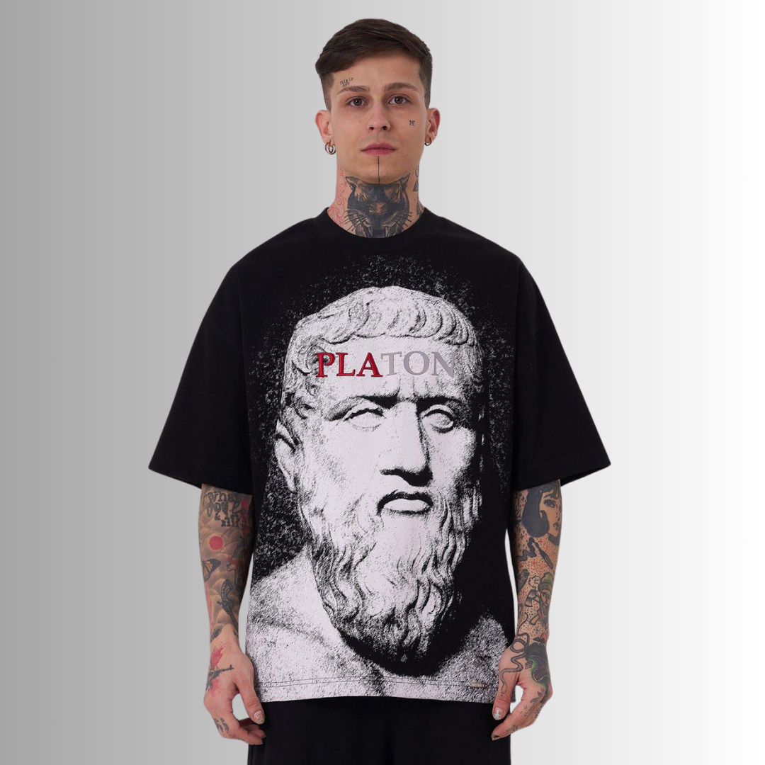 PLATON EMBROIDERED and PRINTED BLACK TEE