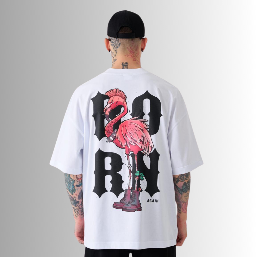 Crazy Flamingo Printed Oversize White T-Shirt