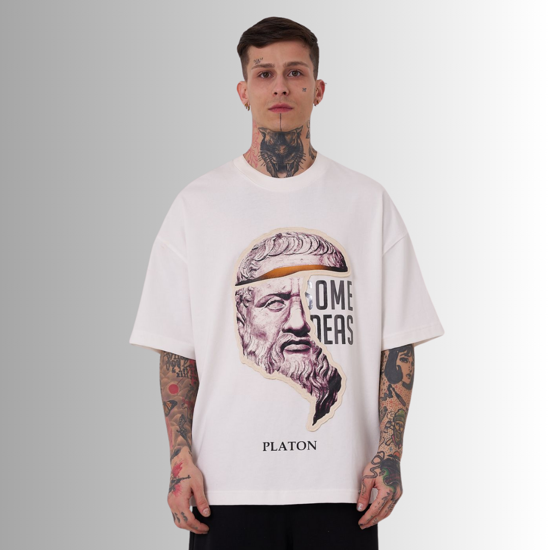 PLATON'S SOME IDEAS EMBROIDERED PATCHED and PRINTED WHITE TEE