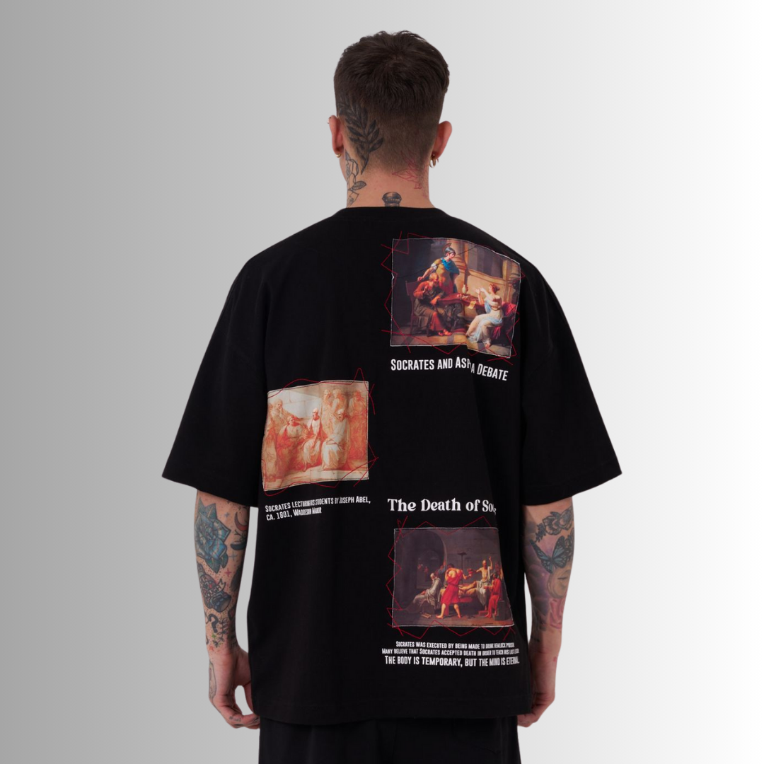 THE DEATH of SOCRATES PATCHED and PRINTED BLACK TEE