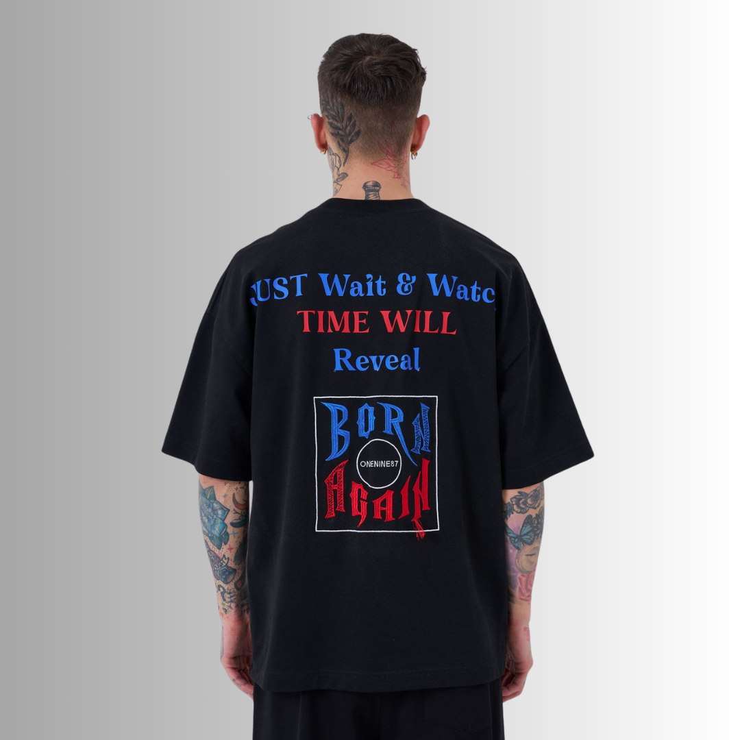 JUST WAIT & WATCH EMBROIDERED and PRINTED BLACK TEE