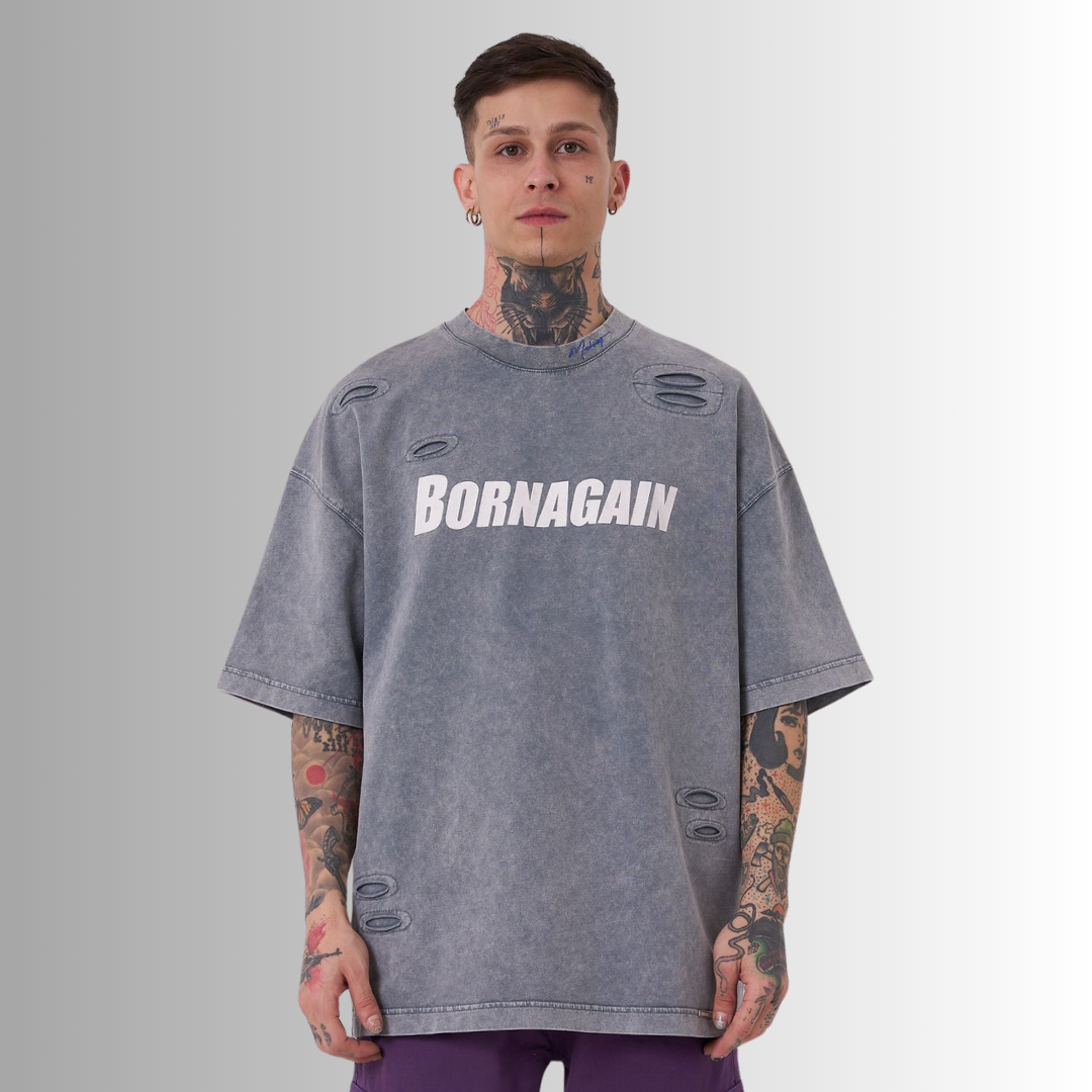 BORN AGAIN WASHED and  PRINTED GRAY TEE