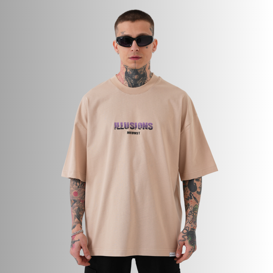 Illusions Printed Oversize Beige T-Shirt