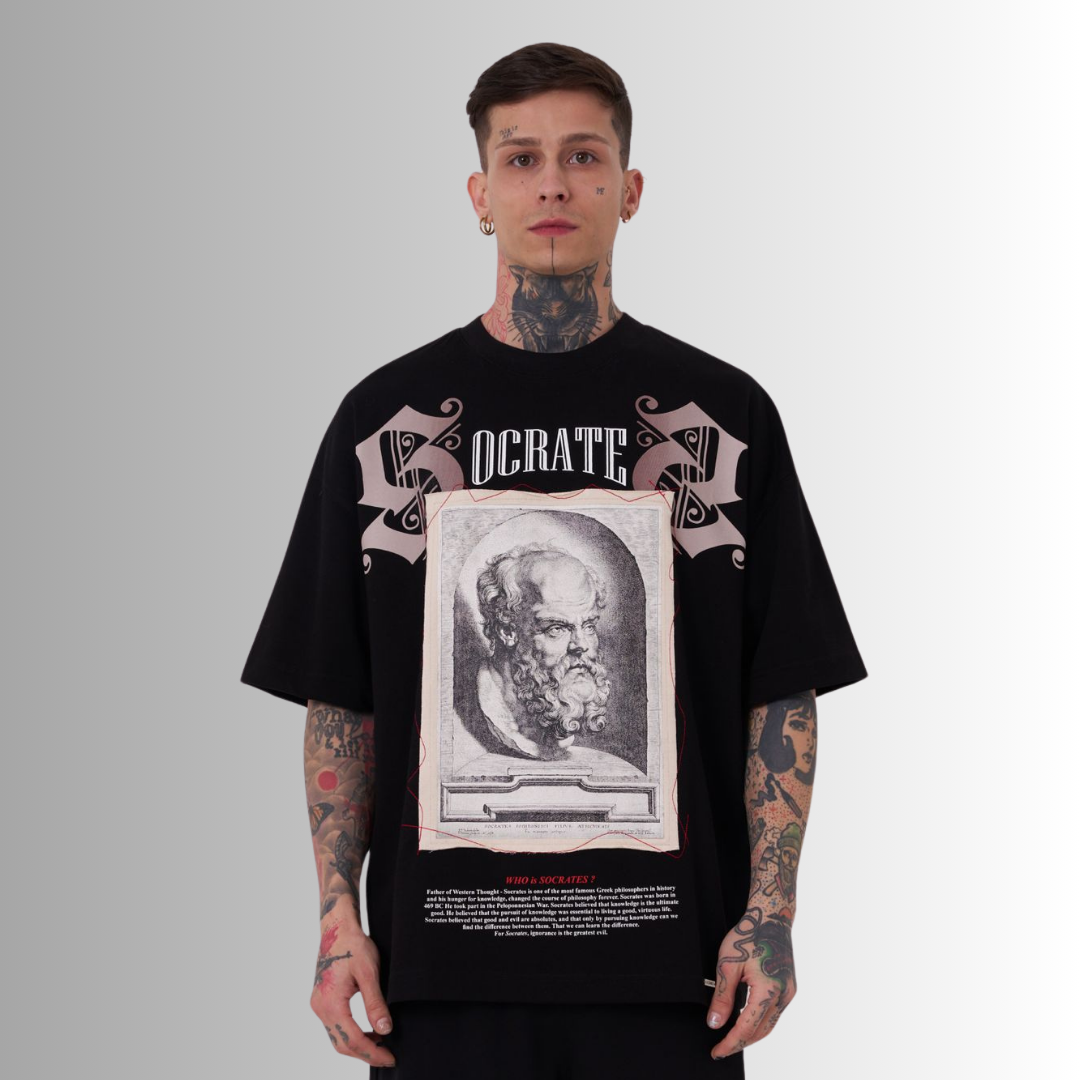 THE DEATH of SOCRATES PATCHED and PRINTED BLACK TEE