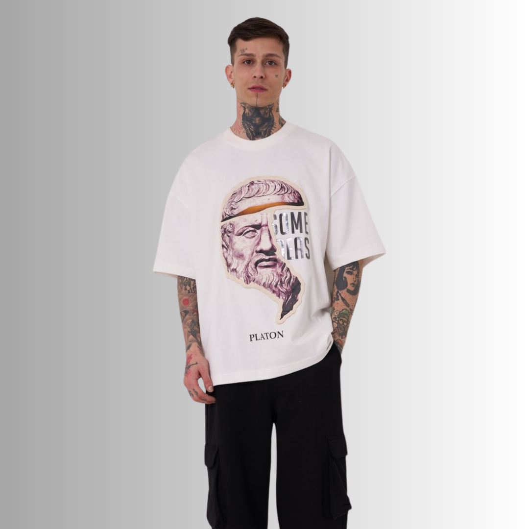 PLATON'S SOME IDEAS EMBROIDERED PATCHED and PRINTED WHITE TEE