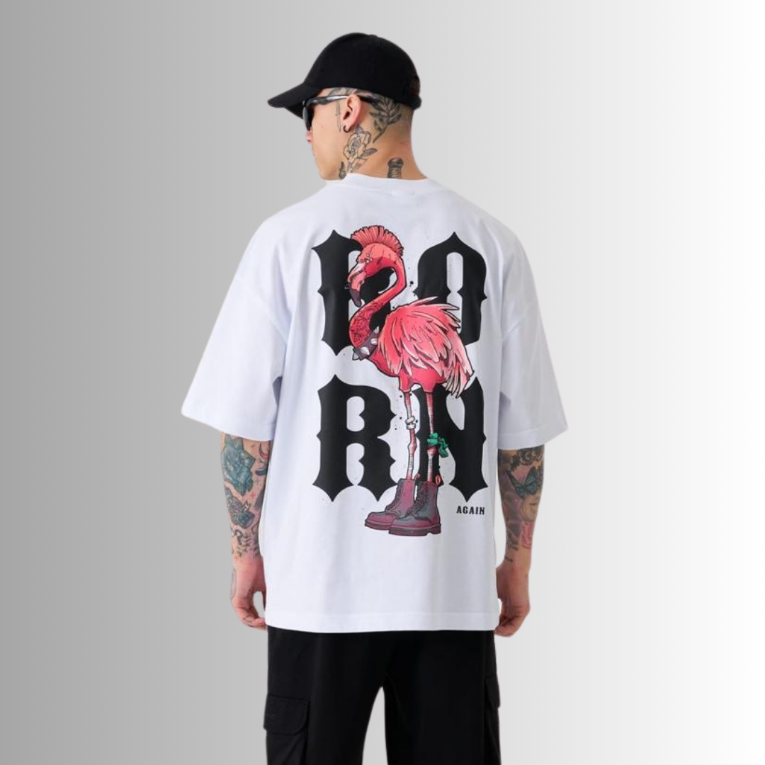 Crazy Flamingo Printed Oversize White T-Shirt