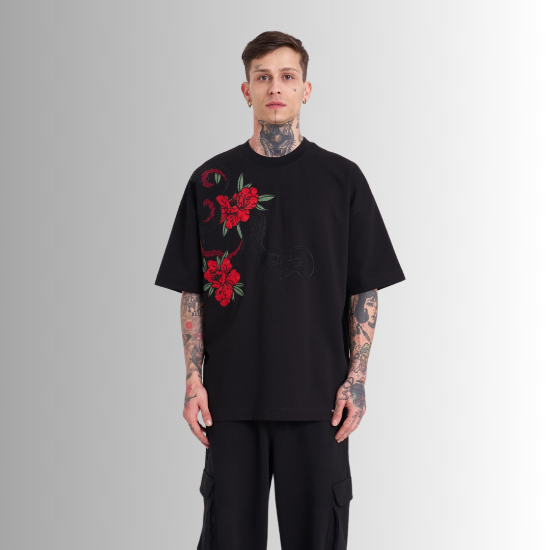 SNAKING ROSES EMBROIDERED BLACK TEE