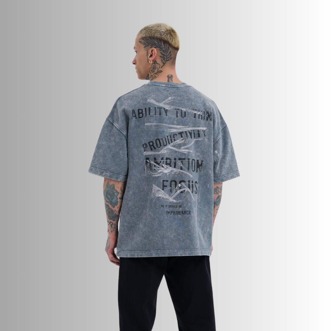 TAPE PRINTED and WASHED GRAY TEE