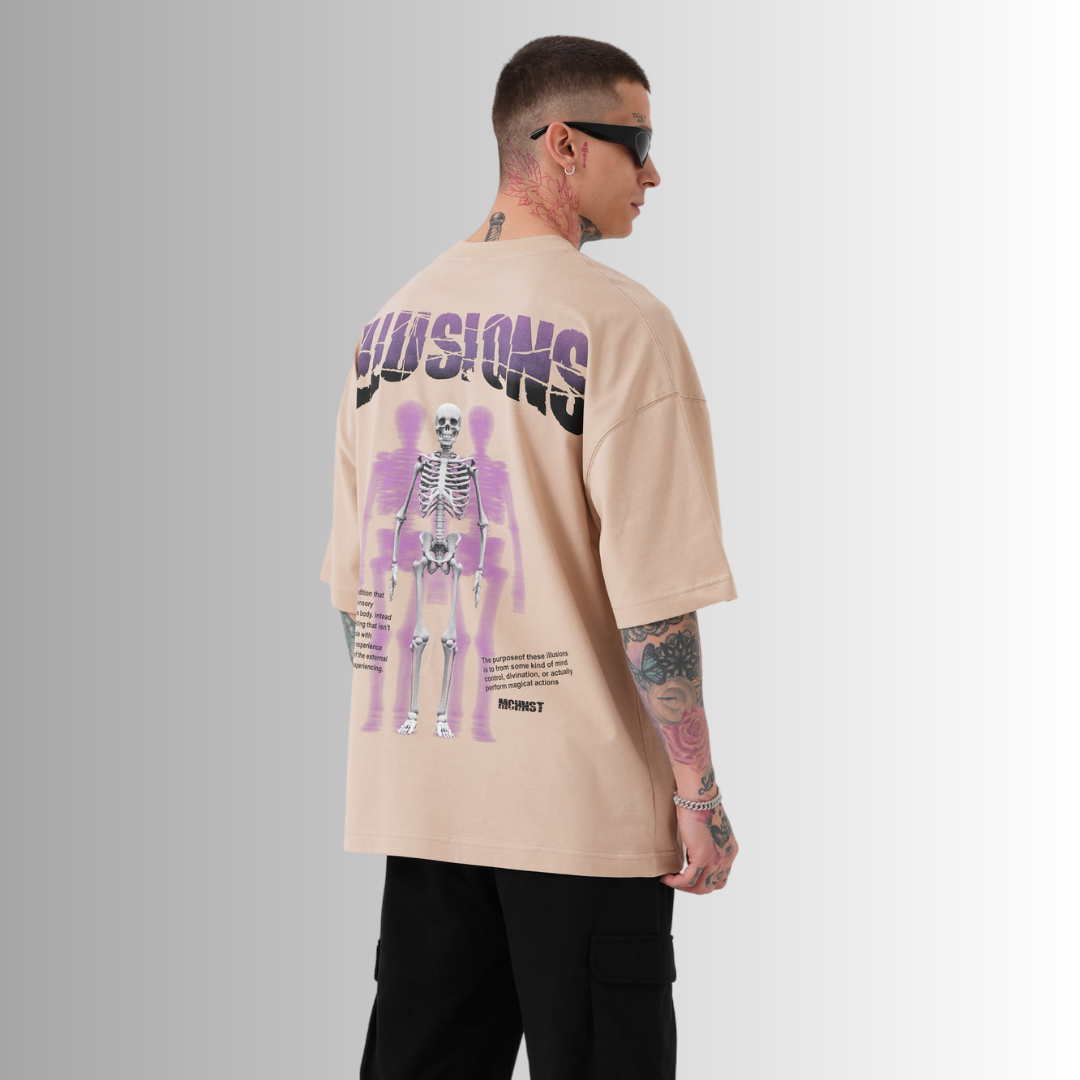 Illusions Printed Oversize Beige T-Shirt