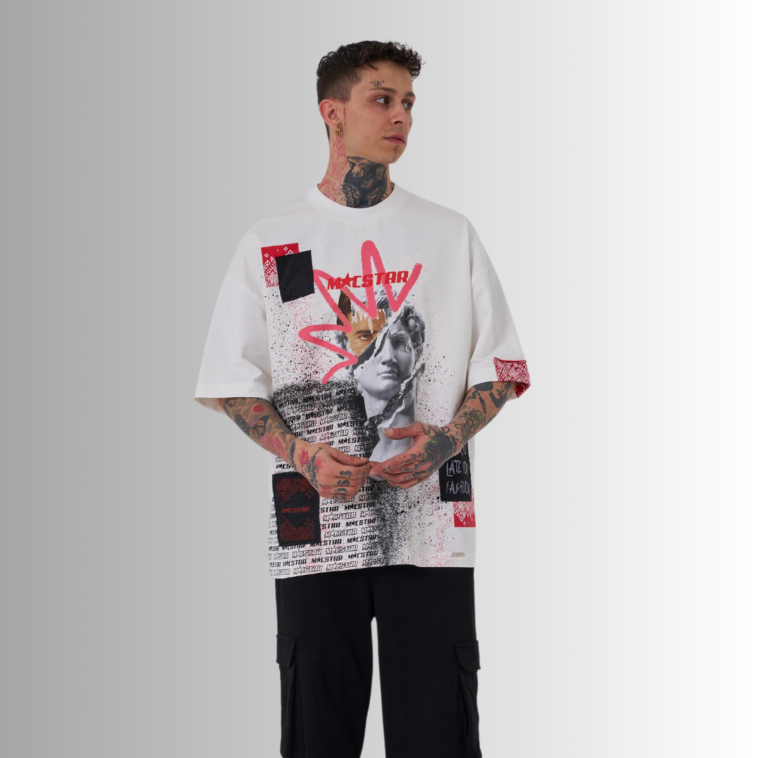 MACSTAR STATUE EMBROIDERED and PRINTED WHITE TEE