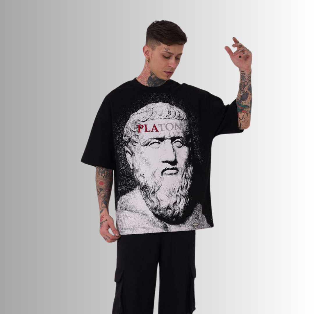 PLATON EMBROIDERED and PRINTED BLACK TEE