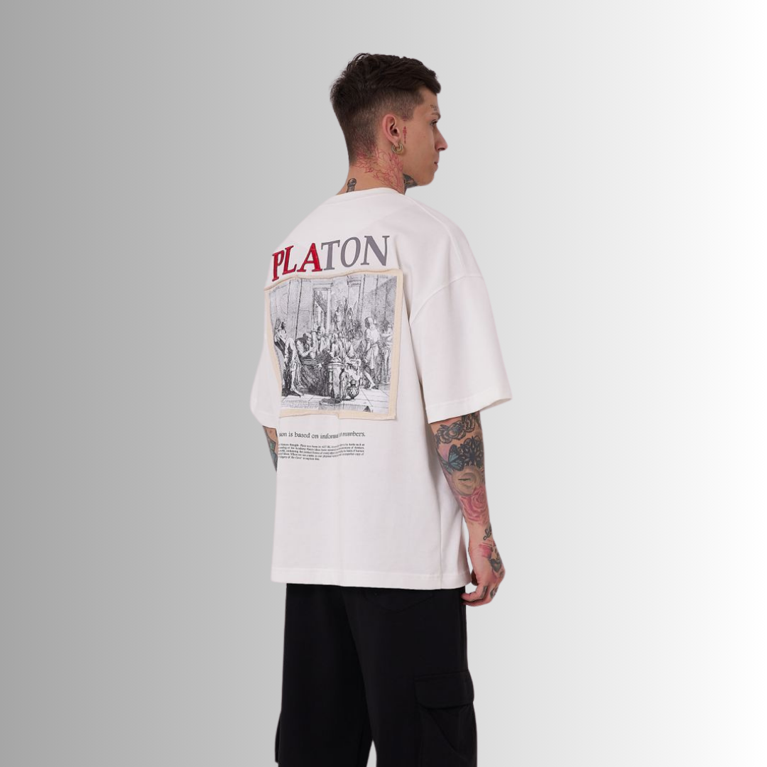 PLATON'S SOME IDEAS EMBROIDERED PATCHED and PRINTED WHITE TEE