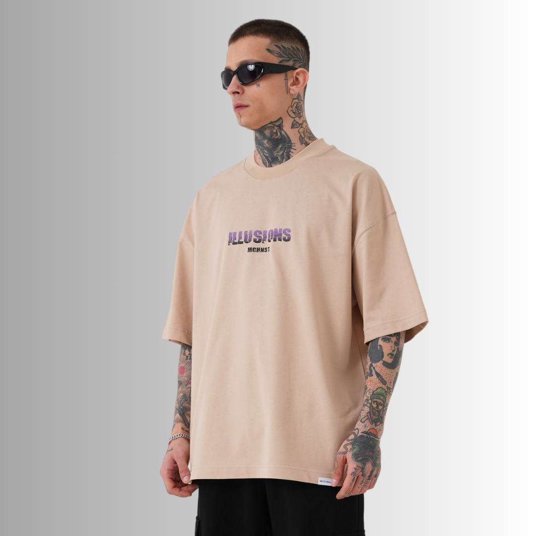 Illusions Printed Oversize Beige T-Shirt