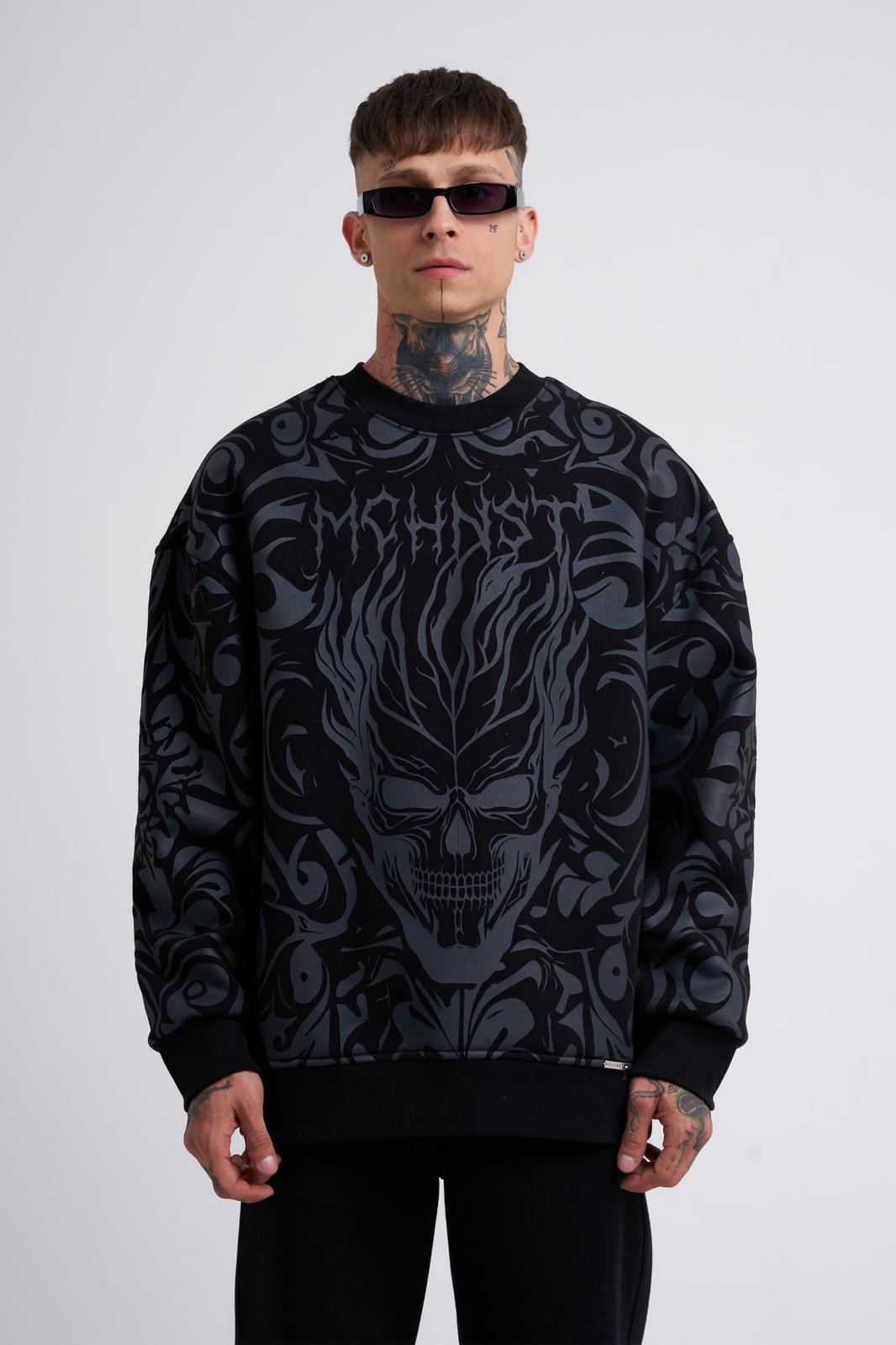 Ethnic Skull Long Sleeve Oversize Black T-Shirt