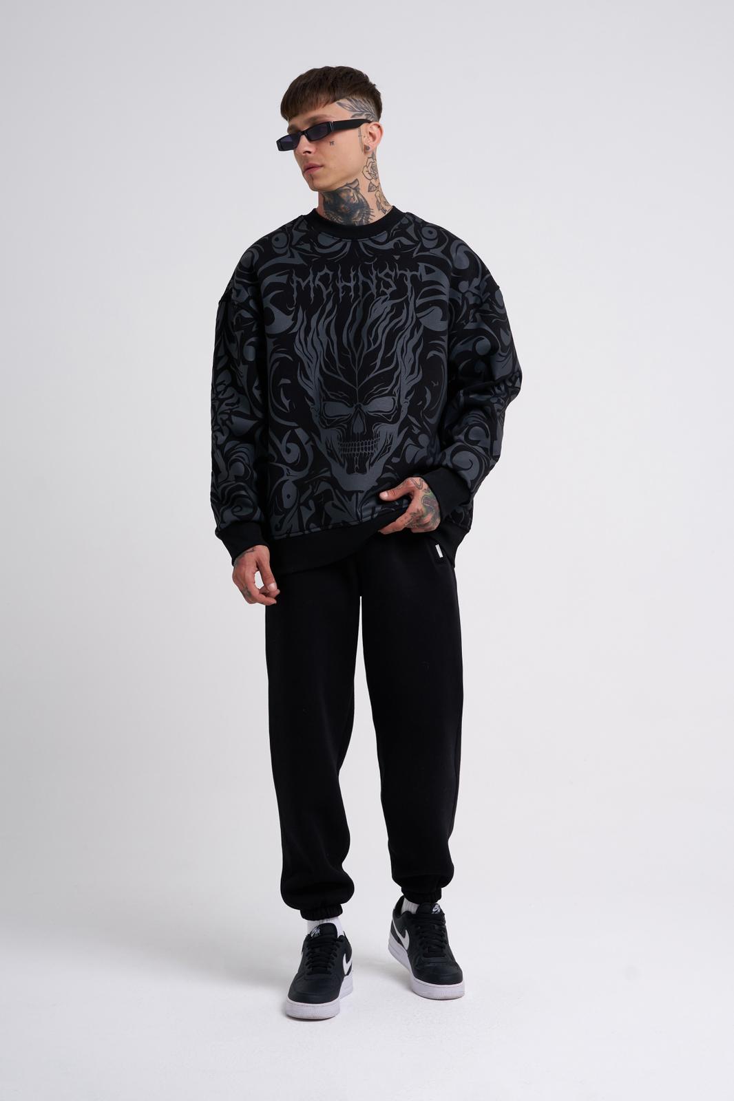 Ethnic Skull Long Sleeve Oversize Black T-Shirt