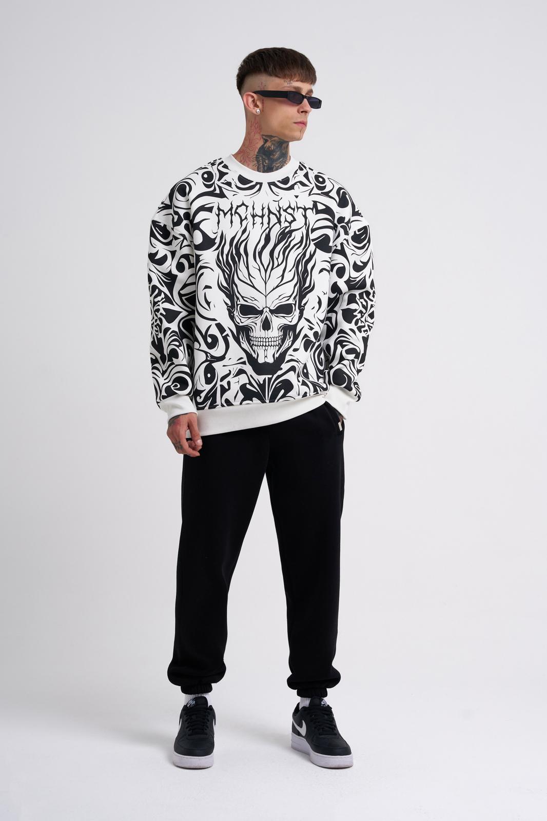 Ethnic Skull Long Sleeve Oversize White T-Shirt