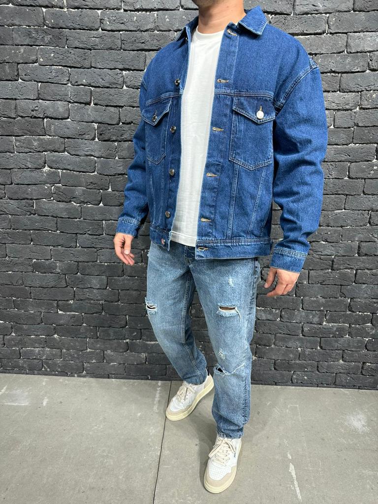 Patched Back Slogans Dark Blue Washed Denim Jacket