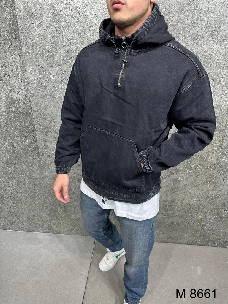 Black Washed Denim Kangaroo Jacket